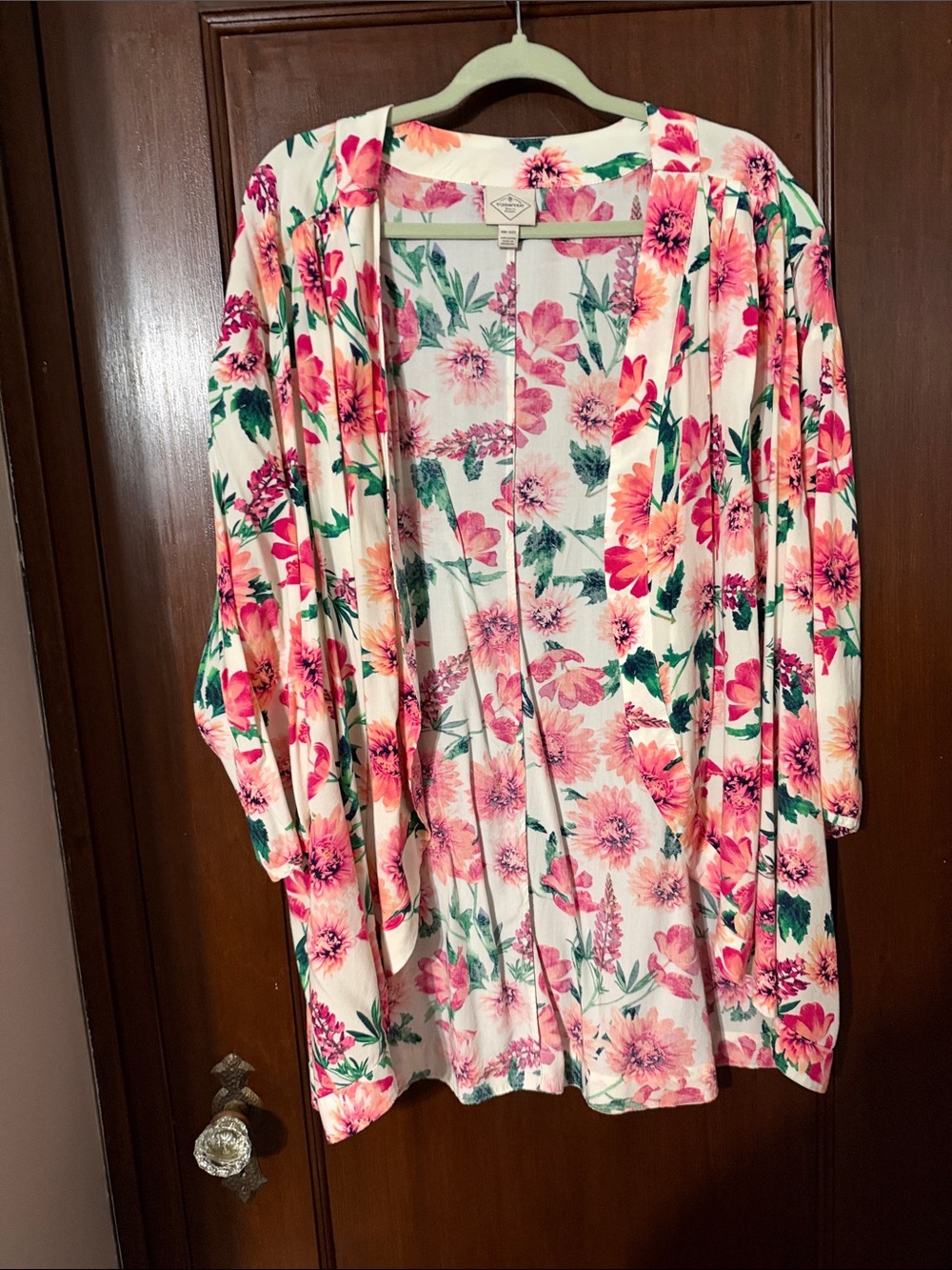 St. John's Bay Cream Floral Open-Front Kimono Jacket with Pink & Green Print